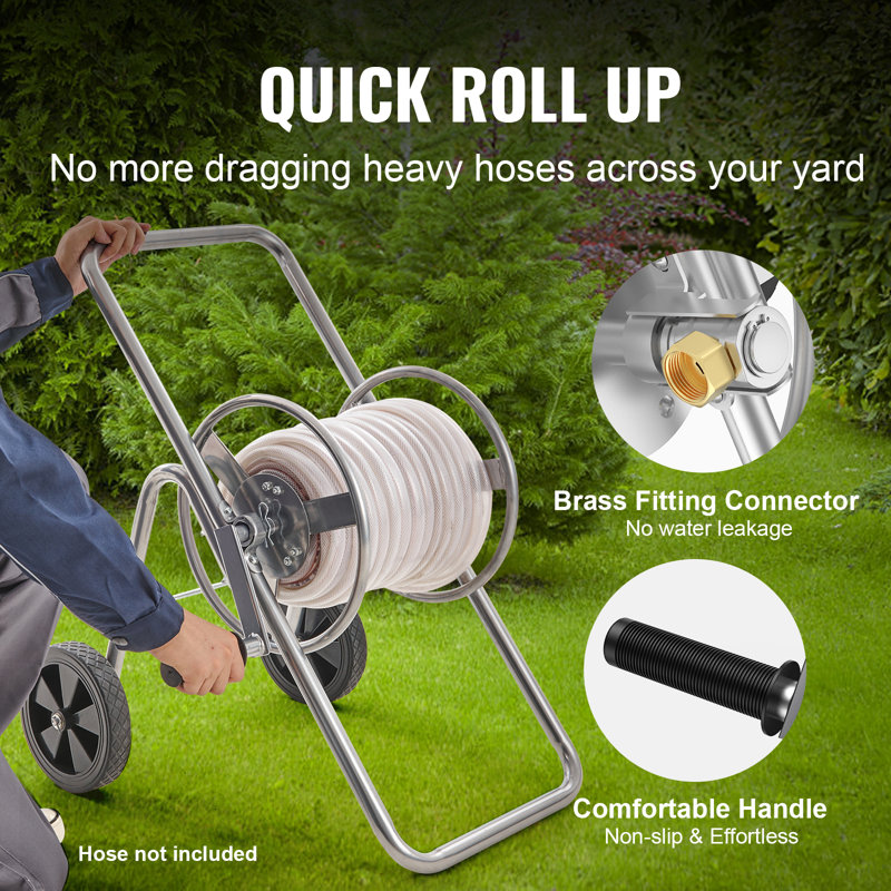 Heavy Duty Silver Steel Manual Crank Hose Reel Cart with Wheels