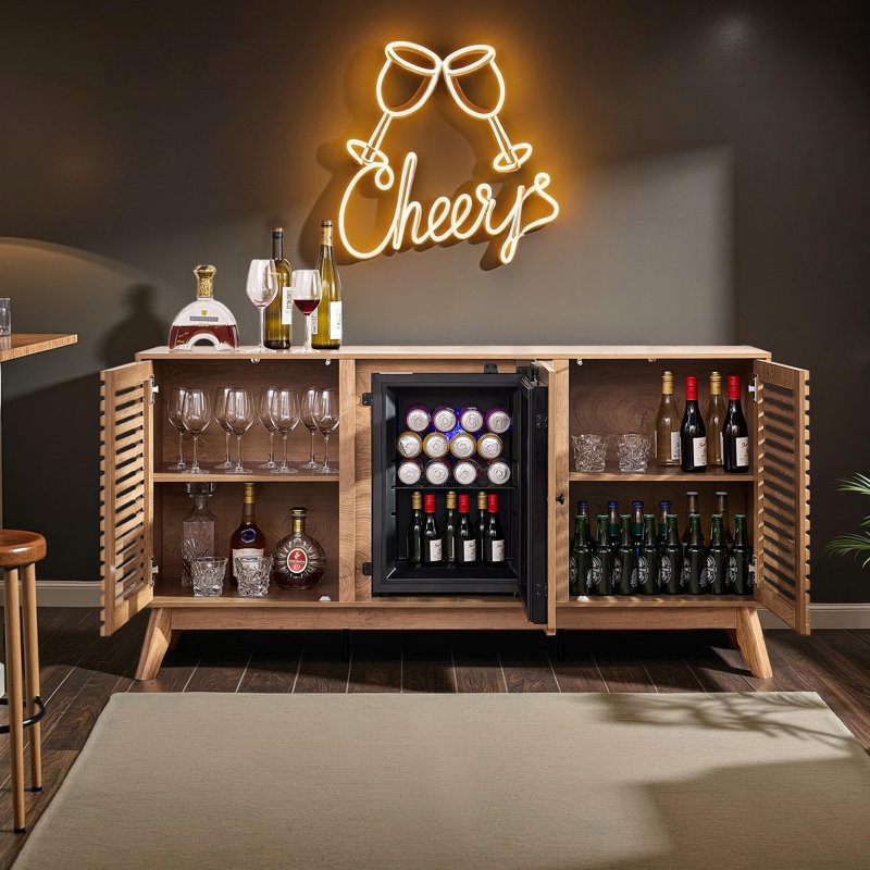 60" Mid-Century Coffee Bar Cabinet With Integrated Beverage Fridge, Adjustable Storage, Slatted Doors & Versatile Use