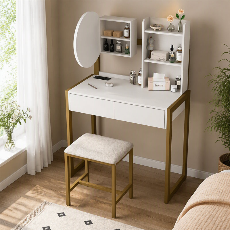 Ensemble de meuble-lavabo de 46,8 po de hauteur, or blanc et miroir, avec 3 modes d'éclairage, prises de courant, tiroirs et tablettes ouvertes, complet avec tabouret rembourré