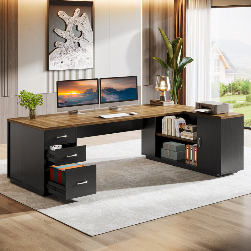 85.8" L-Shaped Executive Desk with File Drawers, Brown/Black