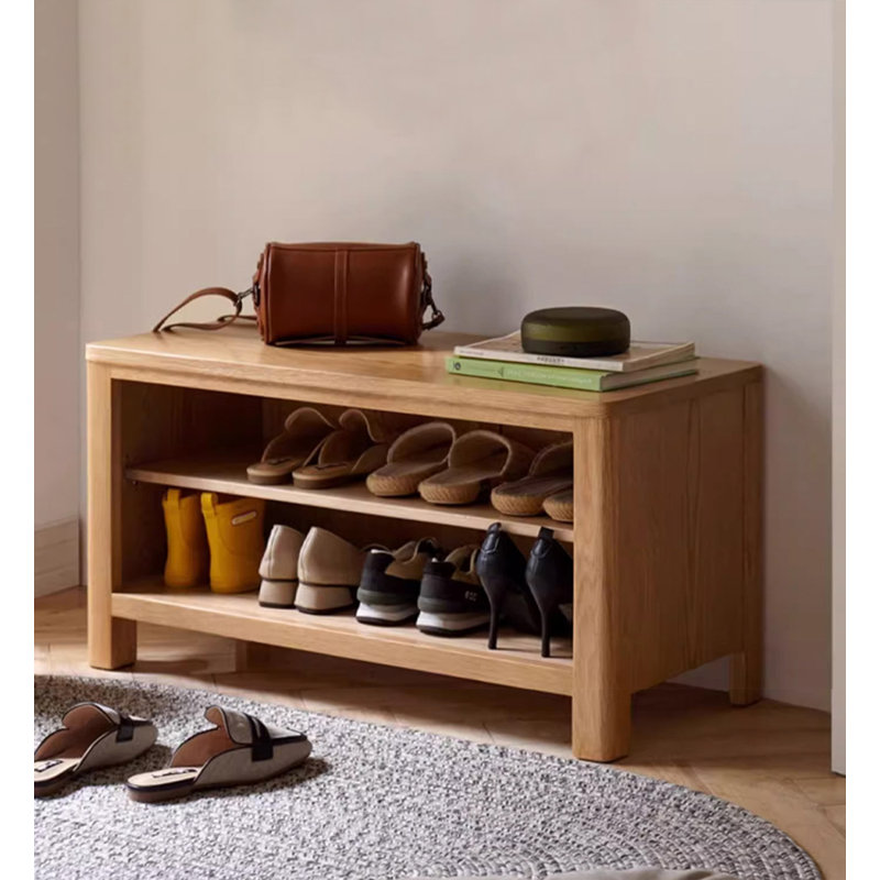 Natural-coloured rectangular solid wood low shoe cabinet, 16.54" H x 40.16" W x 14.17" D