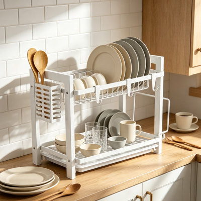 2-Tier White Dish Drying Rack with Drip Tray & Utensil Holders