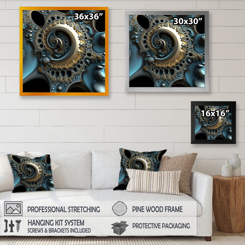 «Turquoise Fractal Emanation VII», reproduction sur toile, H 16 po x l 16 po x P 1 po, Impression noire sur toile encadrée