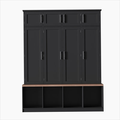 Farmhouse Hall Tree With 4 Hidden Hanging Hooks, Seating Bench, Storage Cabinet And Open Compartment