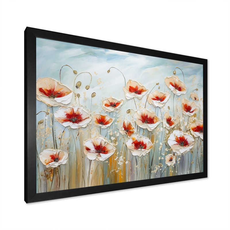 Champ de coquelicots rouges et gris, H 16 po x l 32 po x P 1 po, Cadre simple noir