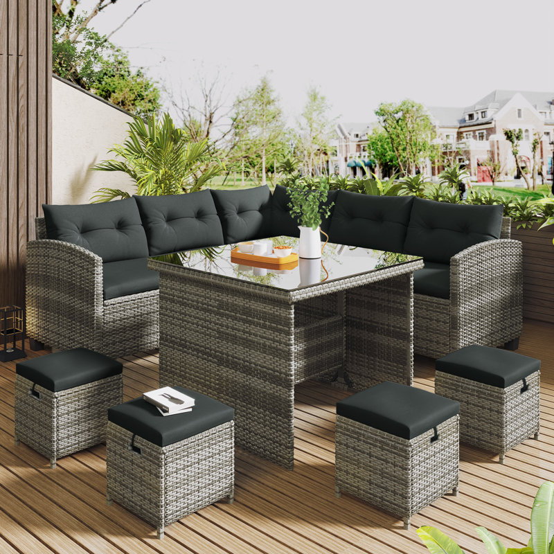 Popplestone Rattan 8 - Person Seating Group with Cushions, Black