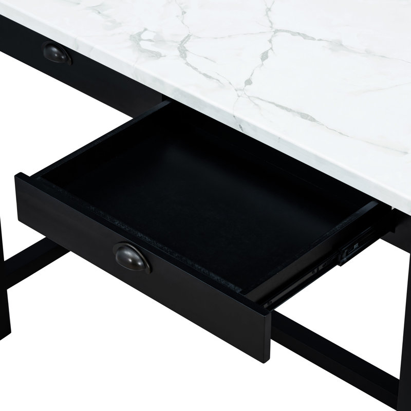 TREXM 5-Piece Modern Faux Marble Versatile Bar Table Set With Storage Drawers And Padded Stools, White, White, Black