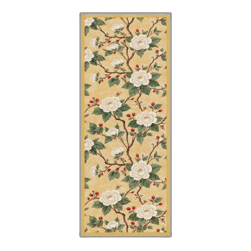 Aura Floral Machine Washable Yellow Indoor Area Rug with Non-Slip Backing, Runner 2' x 6'