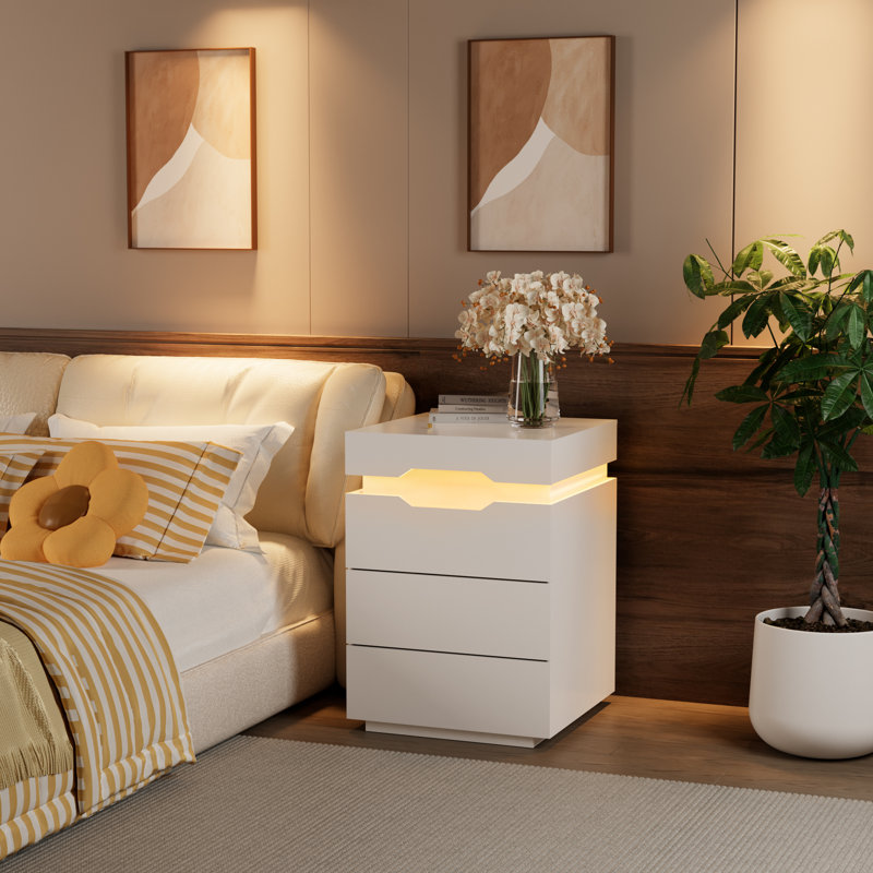 Emmakay Nightstand with Wireless Charging Station, LED Light and 2 Drawers, Individual, 3