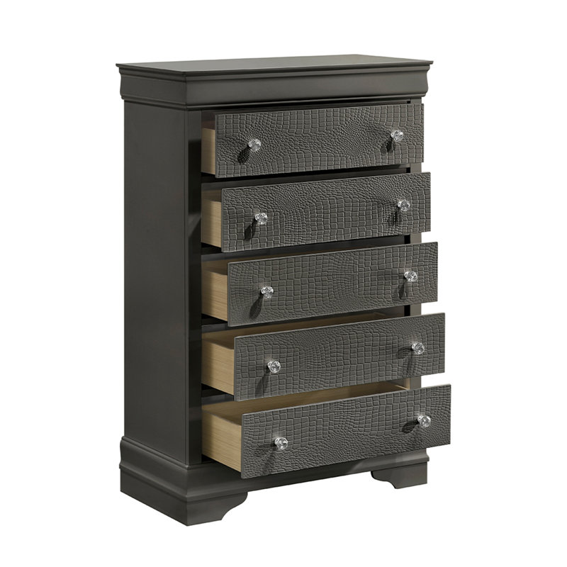 Ensemble de chambre à coucher tapissier standard Mylhana, Gris, 5 Pcs: Bed, 2 Dressers, Nightstand, Mirror, Très grand