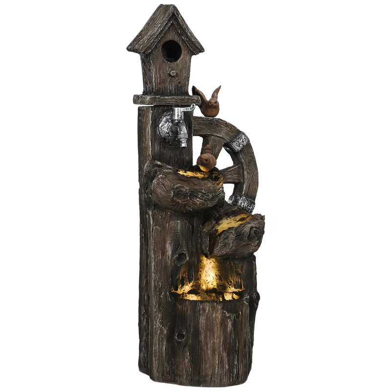 2-in-1 Outdoor Water Fountain with Birdhouse, Outdoor Waterfall Fountain with LED Lights Pump, Tree Trunk Outdoor Water Feature, Resin Garden Fountain, Mixed Color
