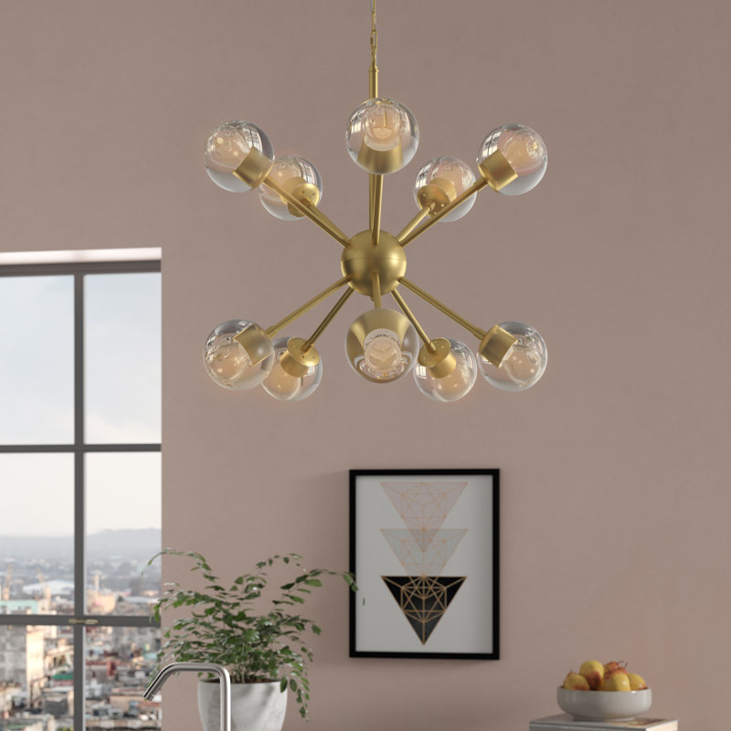 Lustre doré 10 lumières avec abat-jour en verre transparent, Doré