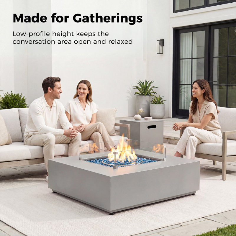 40'' Square Propane Fire Pit Table with Lid, Hidden Tank Side Table, Wind Guard & Cover, 50,000 BTU, Light Gray
