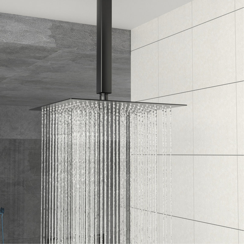 Douche carrée de 10 pouces à fixation au plafond avec deux têtes, finition noire mate, valve équilibrée, pluie réglable à 360 ° et échaudage facile à nettoyer avec tous les composants nécessaires