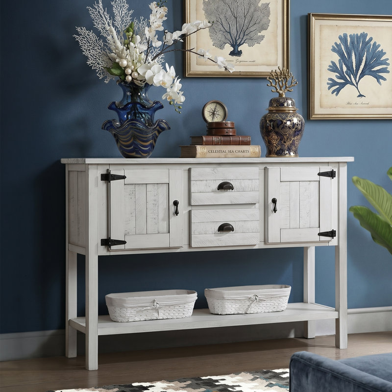 Buffet 48 po en bois massif espresso avec console 2 tiroirs et 2 portes avec tablette inférieure ouverte, White