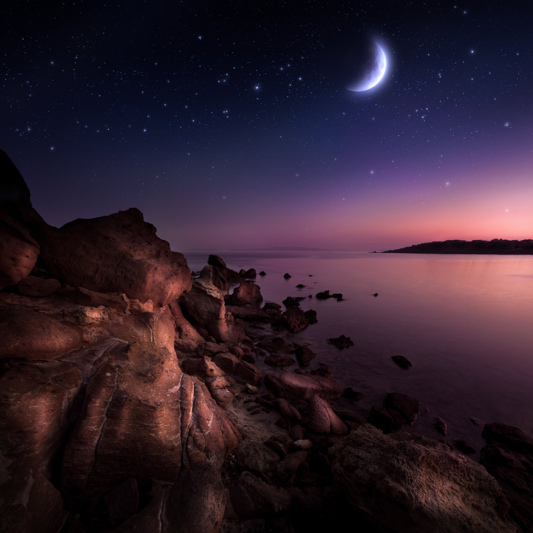 Nachtaufnahme von Meer und Mond von Da-kuk - Drucken