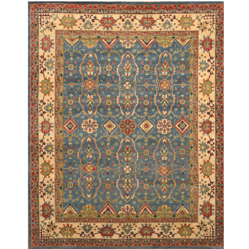 Tapis unique en laine noué à la main Kazak bleu / ivoire / brun de 8 pi x 10 pi Jevon
