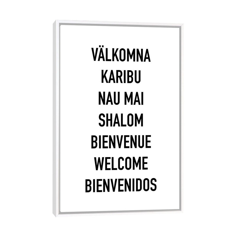 Welcome languages-impression d’art textuel, Pas de tapis, H 40 po x l 26 po x P 1,5 po, Toile blanche encadrée