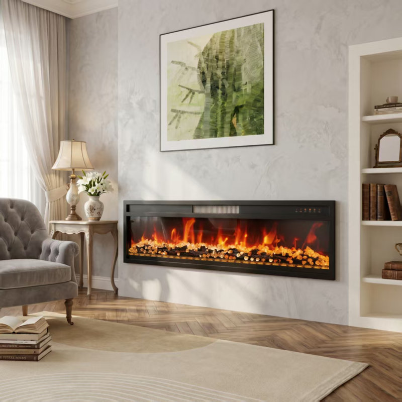 Foyer électrique moderne - chauffage 1500W, DEL 12 couleurs, télécommande, avec ensemble de bûches et de cristal, température et luminosité réglables