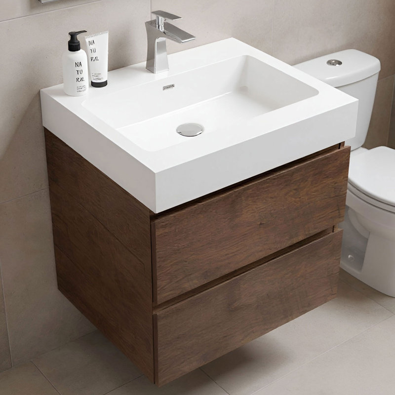 Meuble-lavabo simple mural 24 po avec surface solide avec trop-plein, 24 po, pré-assemblé, Noyer, 24", Blanc