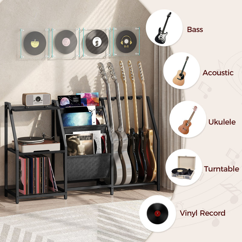 Guitar Stand, Multiple Guitar Rack with Storage and Sling Fabric Pouches