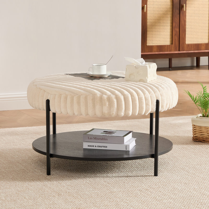 30.9"W Coffee Table,Round Upholstered Ottoman With Storage Shelf And Metal Legs, Beige