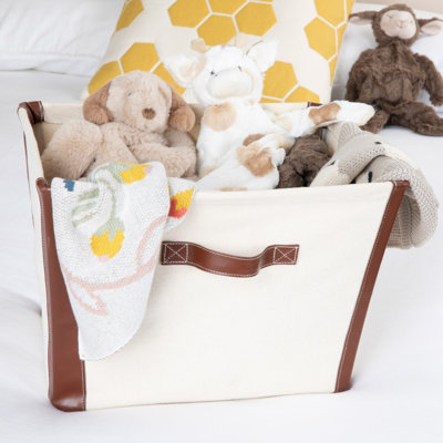 Cream Canvas Storage Bin with Vegan Leather & Iron Trim