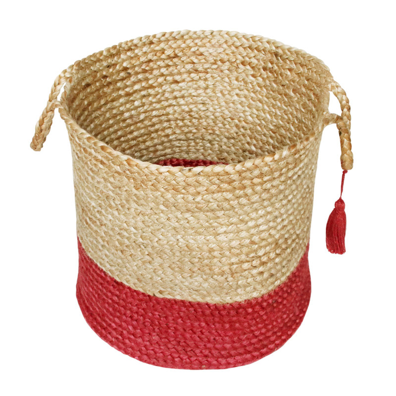 Handwoven Round Tan and Red Jute Storage Basket with Handles