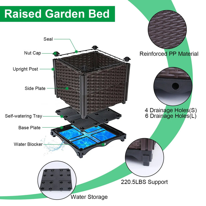 Raised Garden Bed With Self-Watering System, Elevated Planter Box For Patio Balcony, Durable Pp Material Holds 220Lbs For Flowers Vegetables Herbs