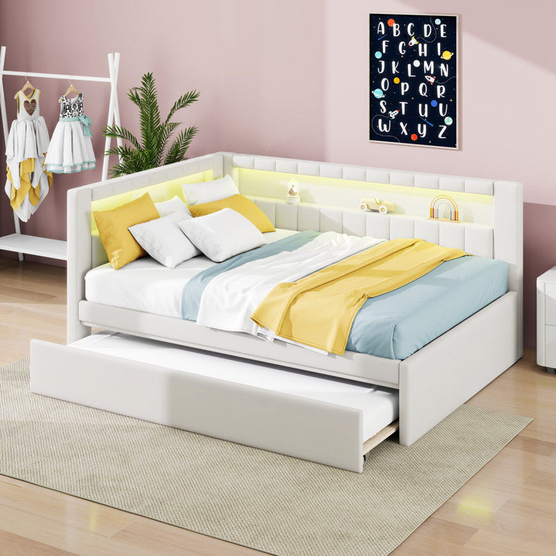 Lit de jour rembourré avec lit gigogne et base de lit tapissier avec port USB, Blanc