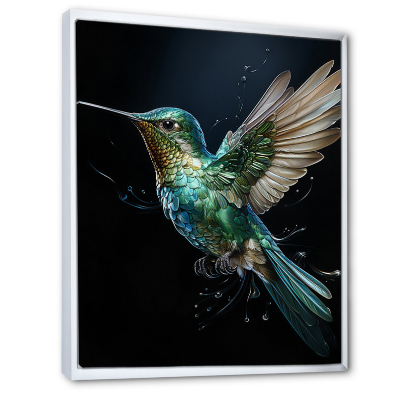 Woodleigh Teal Black Hummingbird Aérien Grace - Art mural colibri, H 44 po x l 34 po x P 1,5 po, Cadre flottant blanc