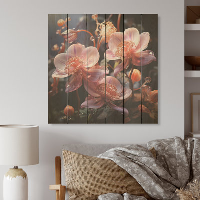 Orchidées roses, aura mystique, art sur bois de pin naturel