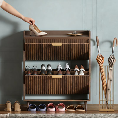 Range-chaussures avec tiroirs rabattables, organisateur de rangement de chaussures autoportant pour le vestibule, peut contenir 14 paires de chaussures, conception étroite et moderne avec dispositif anti-basculement