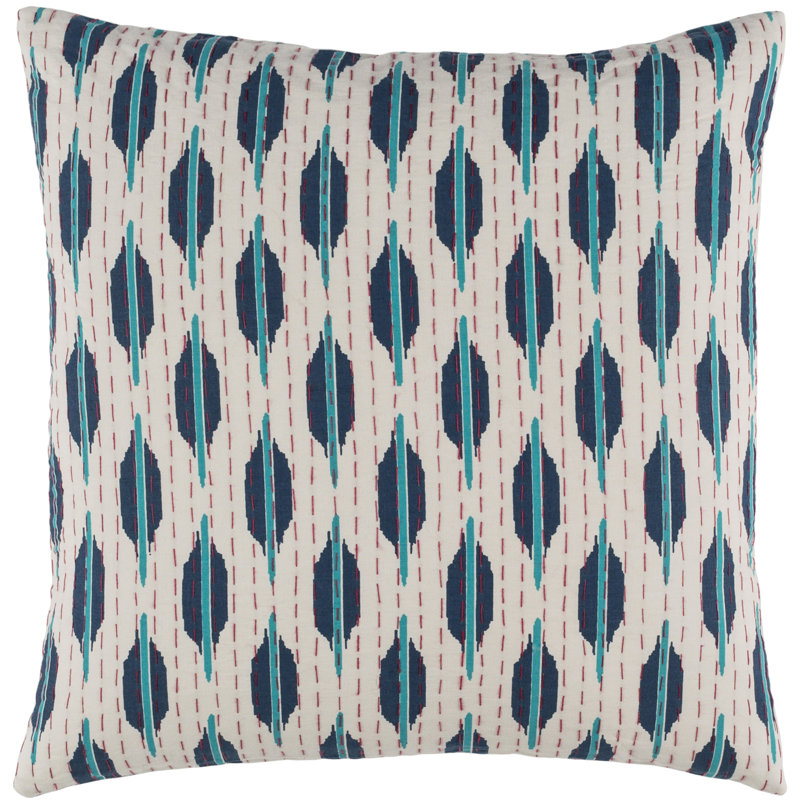 Kantha 100% Cotton Ikat Pillow, 20" x 20", Blue / Teal, Pillow Cover Only