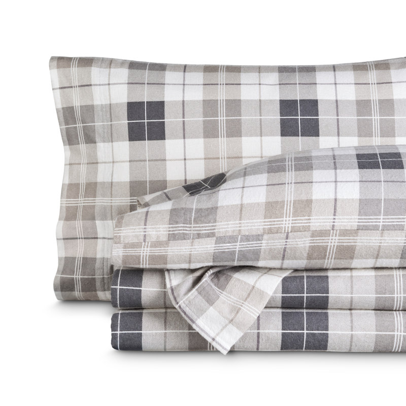 100% Cotton Flannel Sheet Set, Queen Sheet Set with 2 Pillowcases, Quarry Plaid