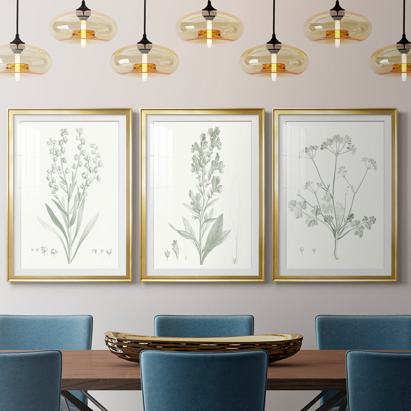 Botanical Study in Sage I - Impression sur mesure encadrée de qualité supérieure - 3 pièces, H 21 po x l 30 po, Doré