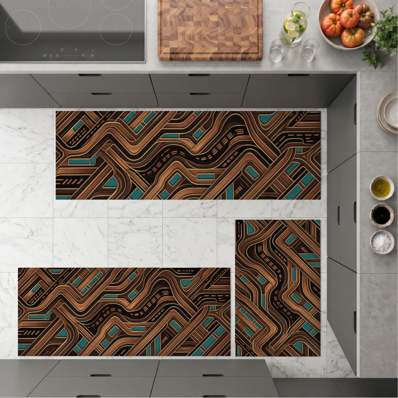 Geometric Waves Non-Slip Washable Kitchen Mats