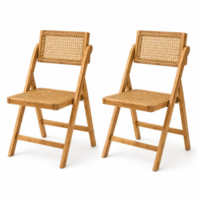 Mid-Century Modern Bamboo & Rattan Folding Dining Chair Set of 2, Sand Cane Accent Chairs
