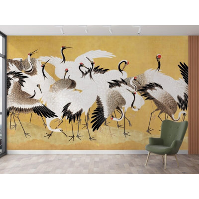 Japanese Crane Gold Art Wallpaper Wall Mural