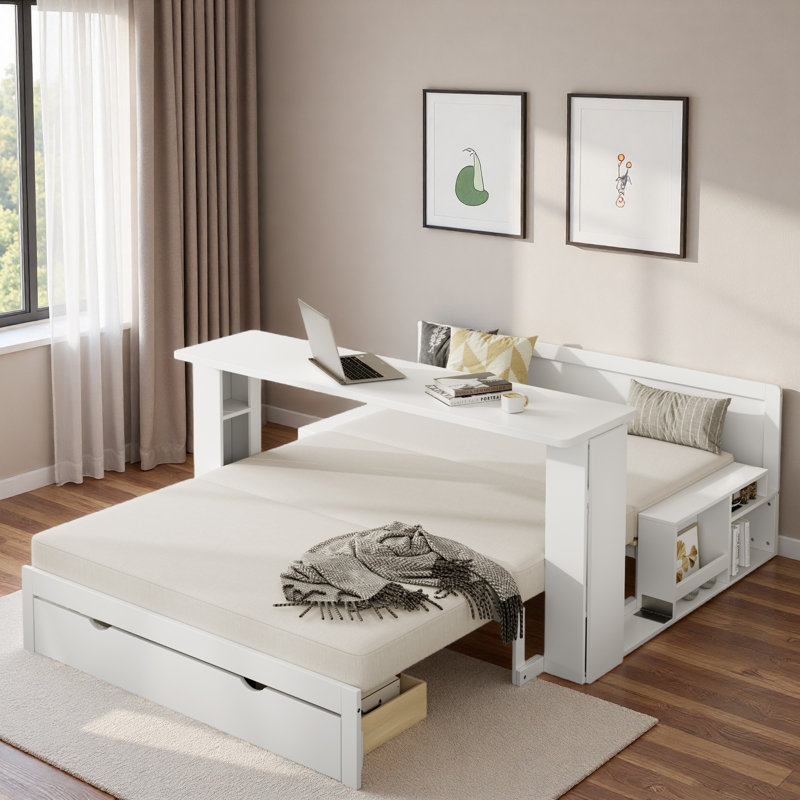 Multifunctional Daybed With Storage Drawer, Open Compartments And Hydraulic Side Table, Full/Double, White