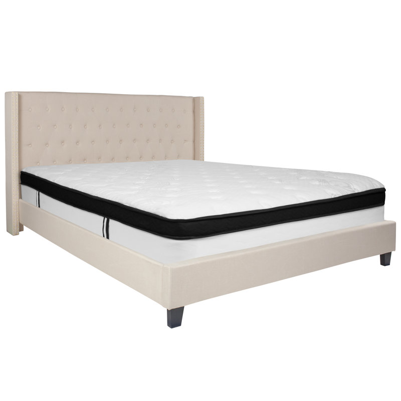 Aluino Tufted Upholstered Platform Bed w/ Memory Foam Pocket Spring Mattress, Beige, Twin