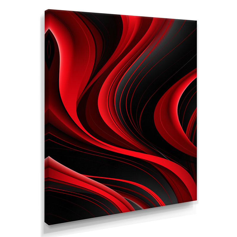 «Happy Streams Minimal Red Black - Abstract Modern Waves», art mural salon, H 44 po x l 34 po x P 1,5 po, Toile tendue