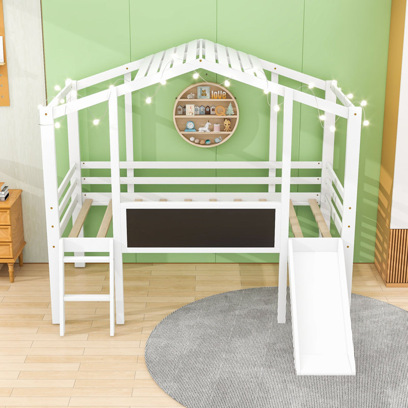 Twin Wood Loft Bed With Light Strip, Slide And Blackboard, White