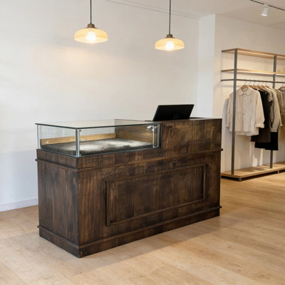 Retro Rectangular Solid Wood Glass Reception Desk