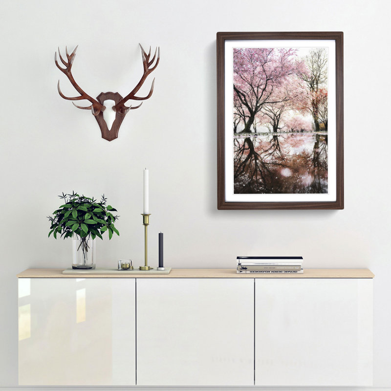 Reflection Of The Pink Blossom Trees - Single Picture Frame Painting on MDF, Walnut Framed, 33cm H x 24cm W x 2cm D
