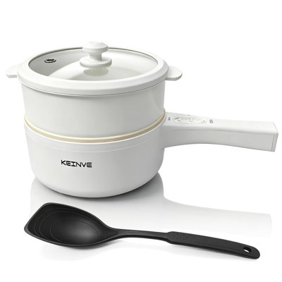 Marmite électrique 1,5 L avec cuiseur à vapeur, antiadhésif en céramique, cuiseur de voyage portatif pour ramen / steak / riz frit / soupe / œuf avec contrôle de puissance double