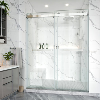 Kavrton 44"-49" W X 76" H Frameless Shower Door, Double Sliding Shower Door in Brushed Nickel, 3/8"(10mm) Tempered Clear Glass with 2 Towel Bars