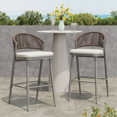 Outdoor 30.25" Seat Height Metal Frame Barstools With PE Rattan Scallop-Shaped Backrest, Set Of 2, Matte Grey