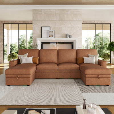 3 - Piece Upholstered Sectional Faux Leather Sofa, Storage Couch, With USB Charging Station