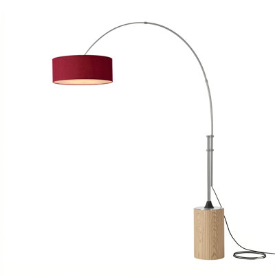 Tambo 92"H 1-Light Arc Lamp, Crimson Red Linen Shade, Light Wood Base, Weathered Brass, Dimmable, for Living Room or Bedroom